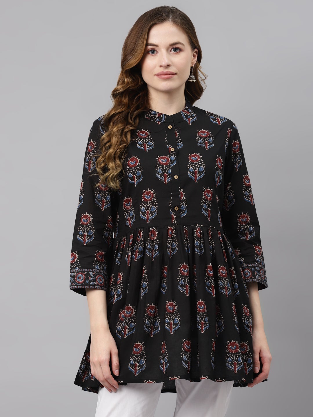 Women's Black Floral Cotton Peplum To
