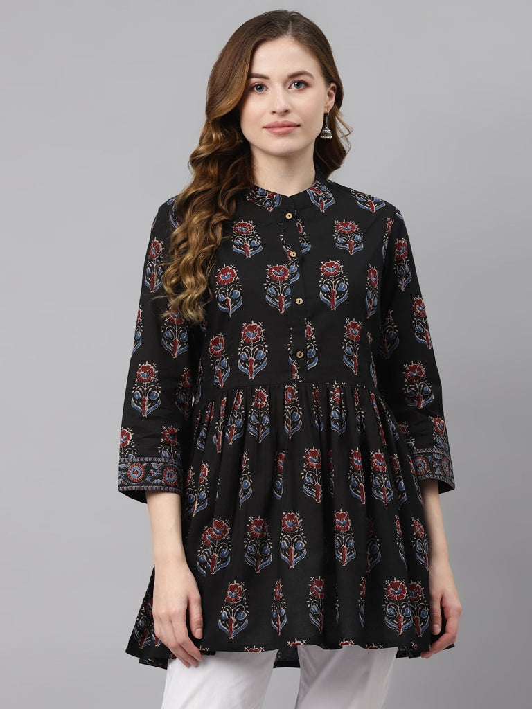 Women's Black Floral Cotton Peplum To