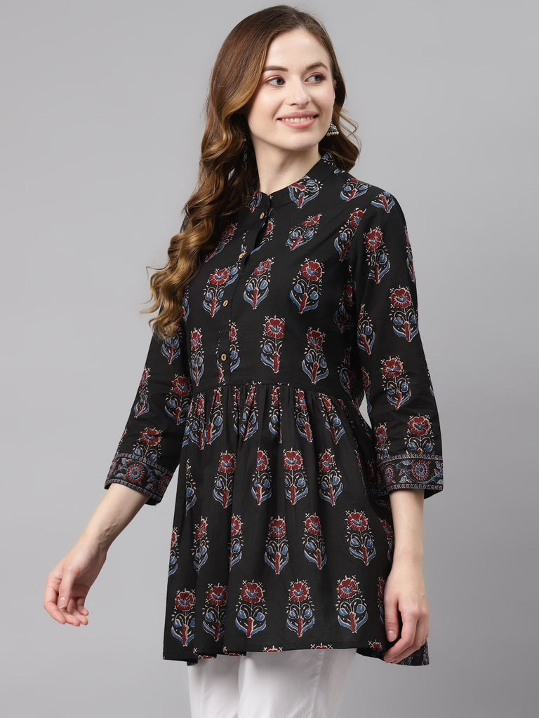 Women's Black Floral Cotton Peplum To