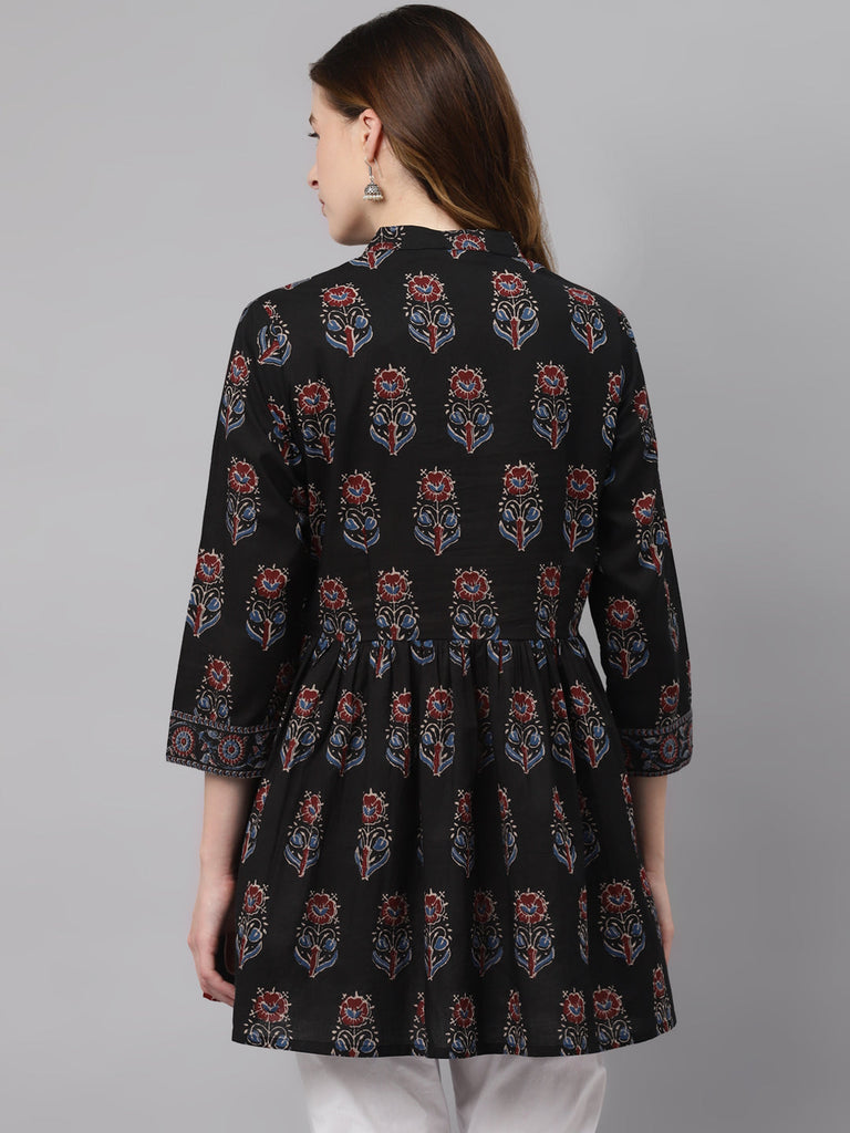 Women's Black Floral Cotton Peplum To
