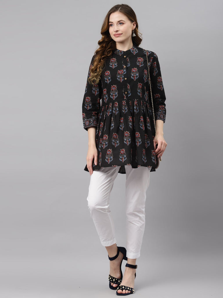 Women's Black Floral Cotton Peplum To