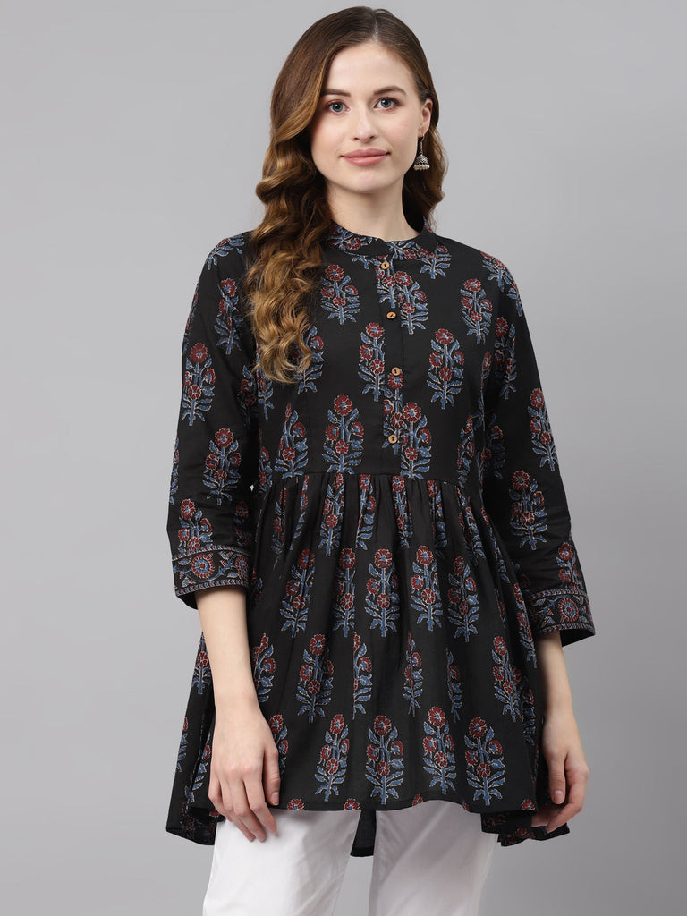 Women's Black Floral Cotton Peplum To
