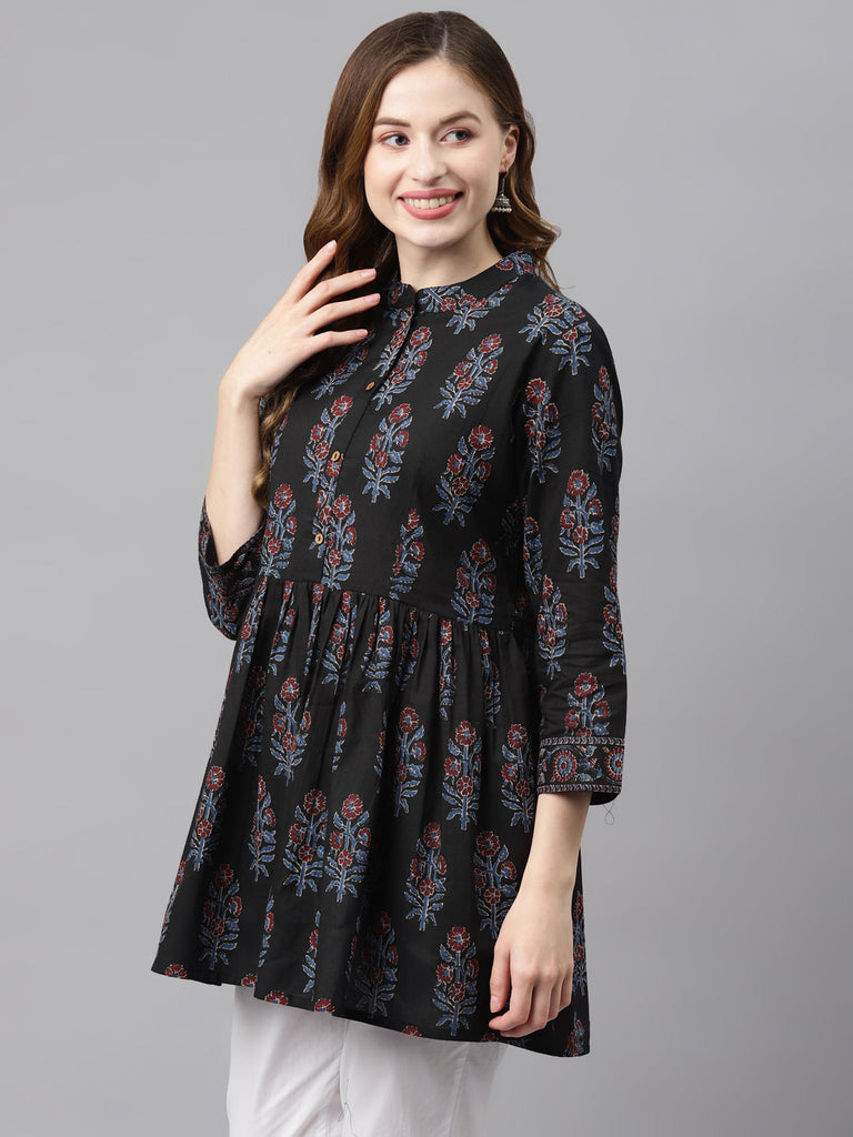 Women's Black Floral Cotton Peplum To