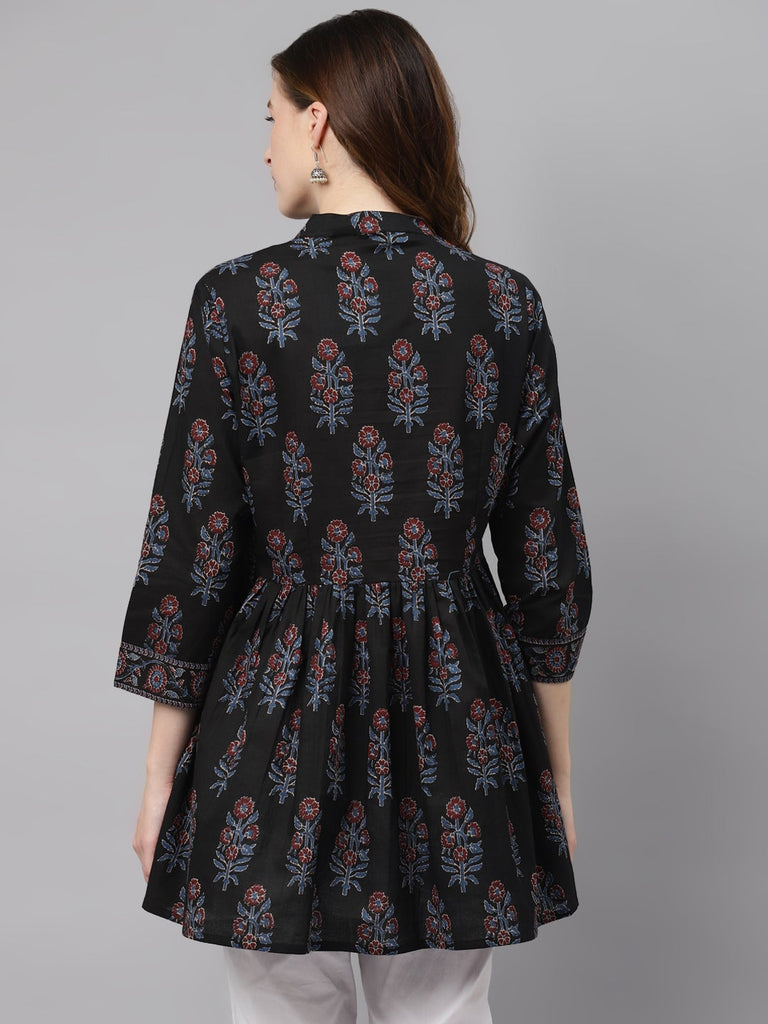Women's Black Floral Cotton Peplum To