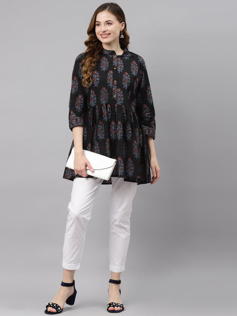 Women's Black Floral Cotton Peplum To