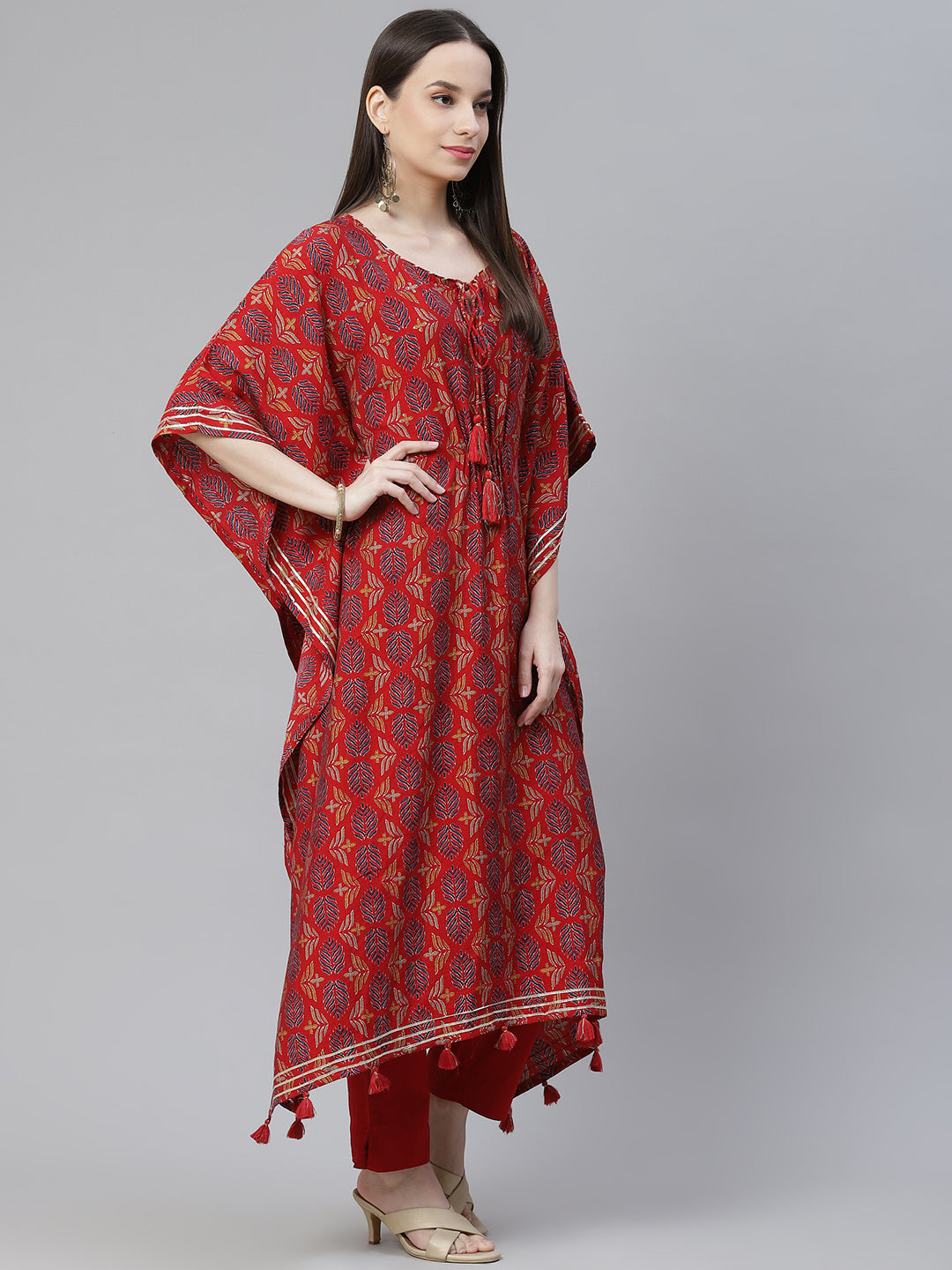 Women's Red Rayon Floral Kaftan Pant Set - Noz2Toz