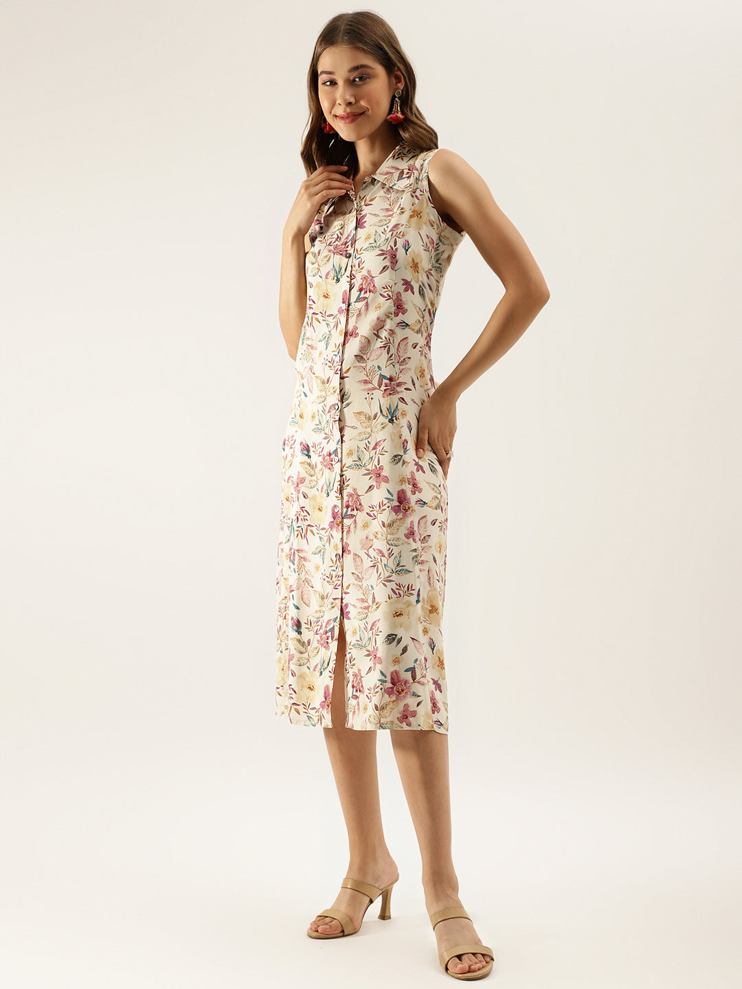 Women's Cream Floral Printed Rayon Midi Dress With Attached Sleeves - Noz2Toz