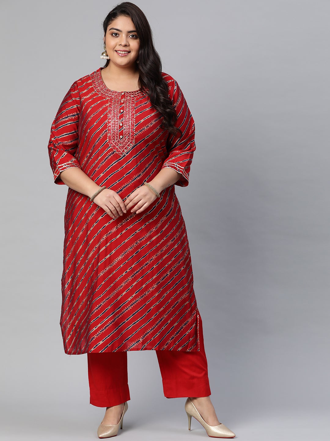 Women's Red Lahariya Kurta With Cotton Flex Pant Set - Wahenoor