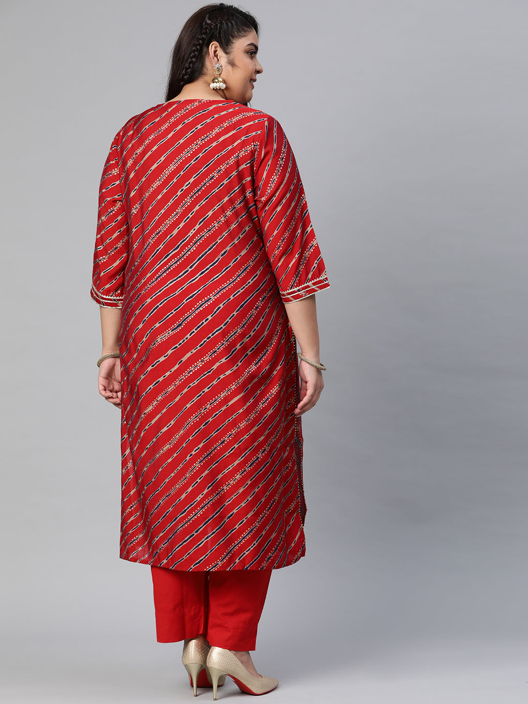 Women's Red Lahariya Kurta With Cotton Flex Pant Set - Wahenoor