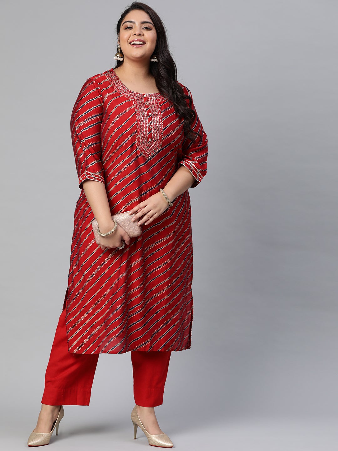 Women's Red Lahariya Kurta With Cotton Flex Pant Set - Noz2Toz