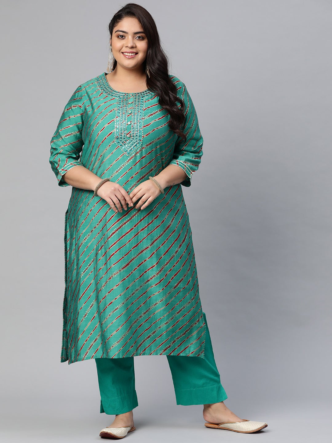 Women's Green Lahariya Kurta With Cotton Flex Pant Set - Noz2Toz