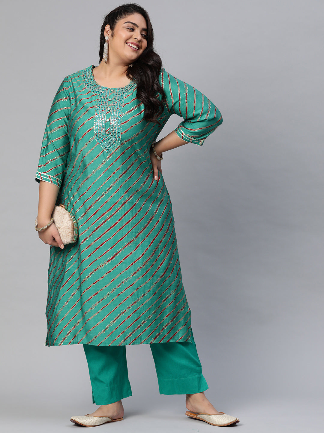 Women's Green Lahariya Kurta With Cotton Flex Pant Set - Noz2Toz