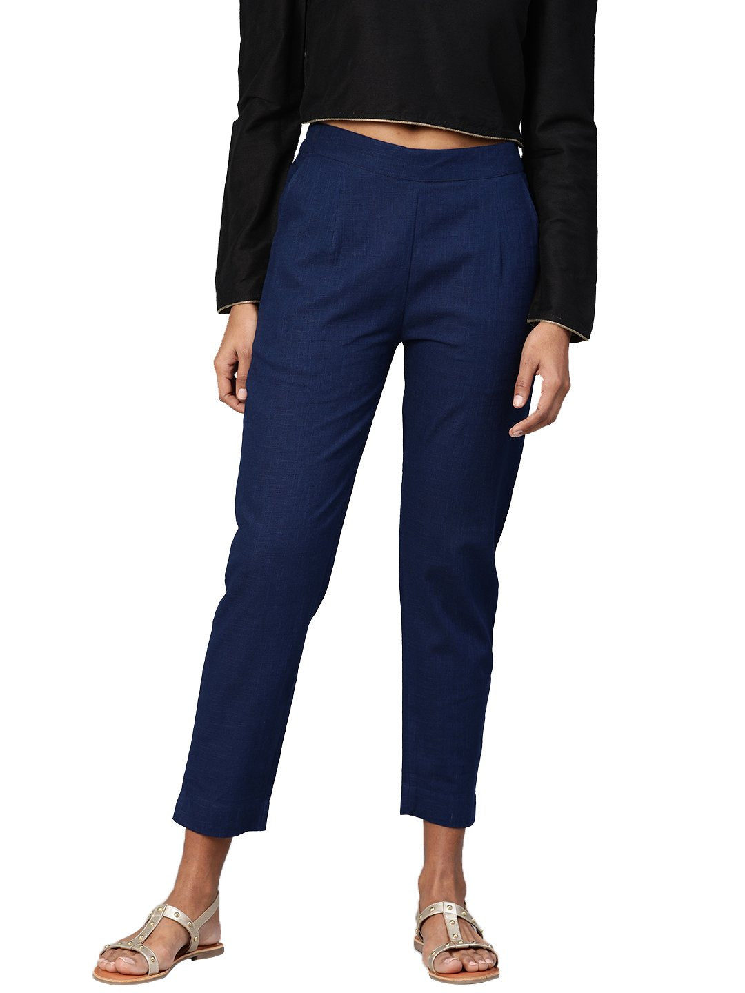 Women's Blue Cotton Trouser  - Wahenoor