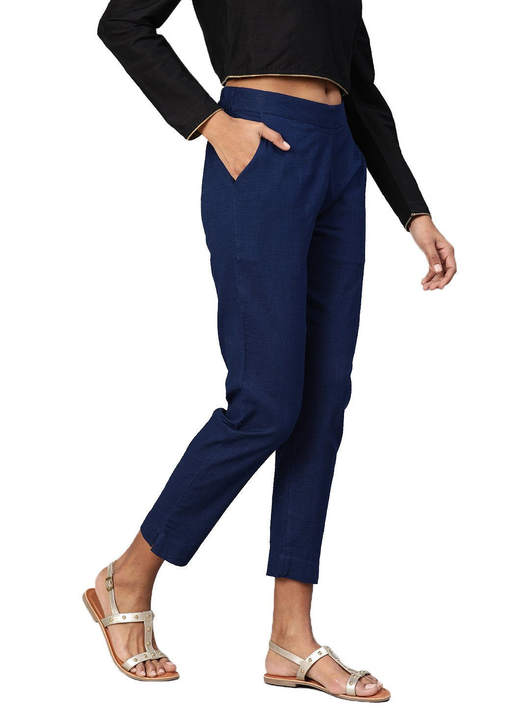 Women's Blue Cotton Trouser  - Wahenoor