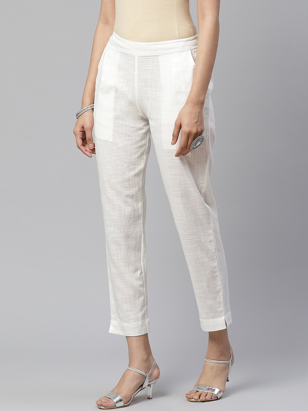 Women's Off White Cotton Trouser - Divena
