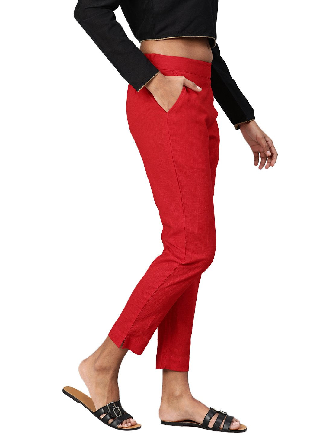 Women's Red Cotton Trouser  - Wahenoor