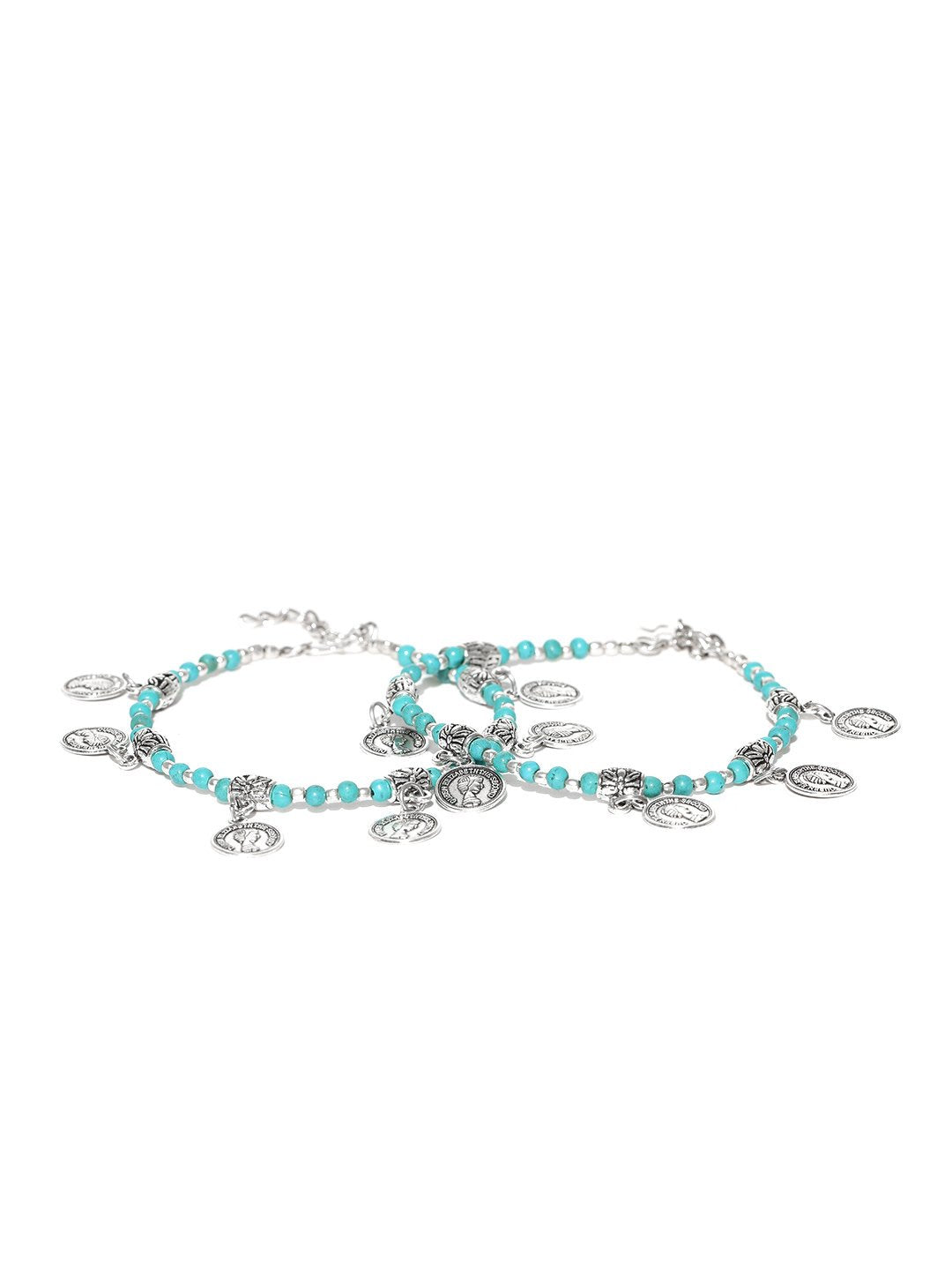 Women's Set Of 2 Oxidised Silver Blue Beaded Coin Drop Anklets - Priyaasi