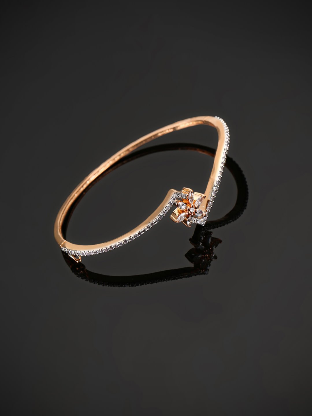 Women's Rose Gold-Plated American Diamond Studded Bracelet in Floral Pattern - Priyaasi
