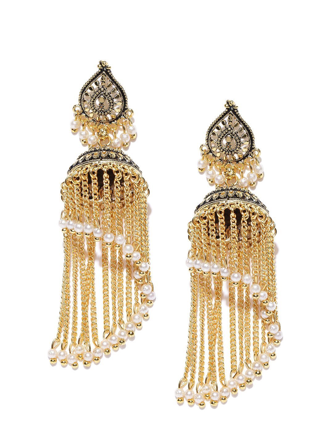 Women Golden Pearl Tassel Jhumka Earrings by Priyaasi (1 Pc Set)