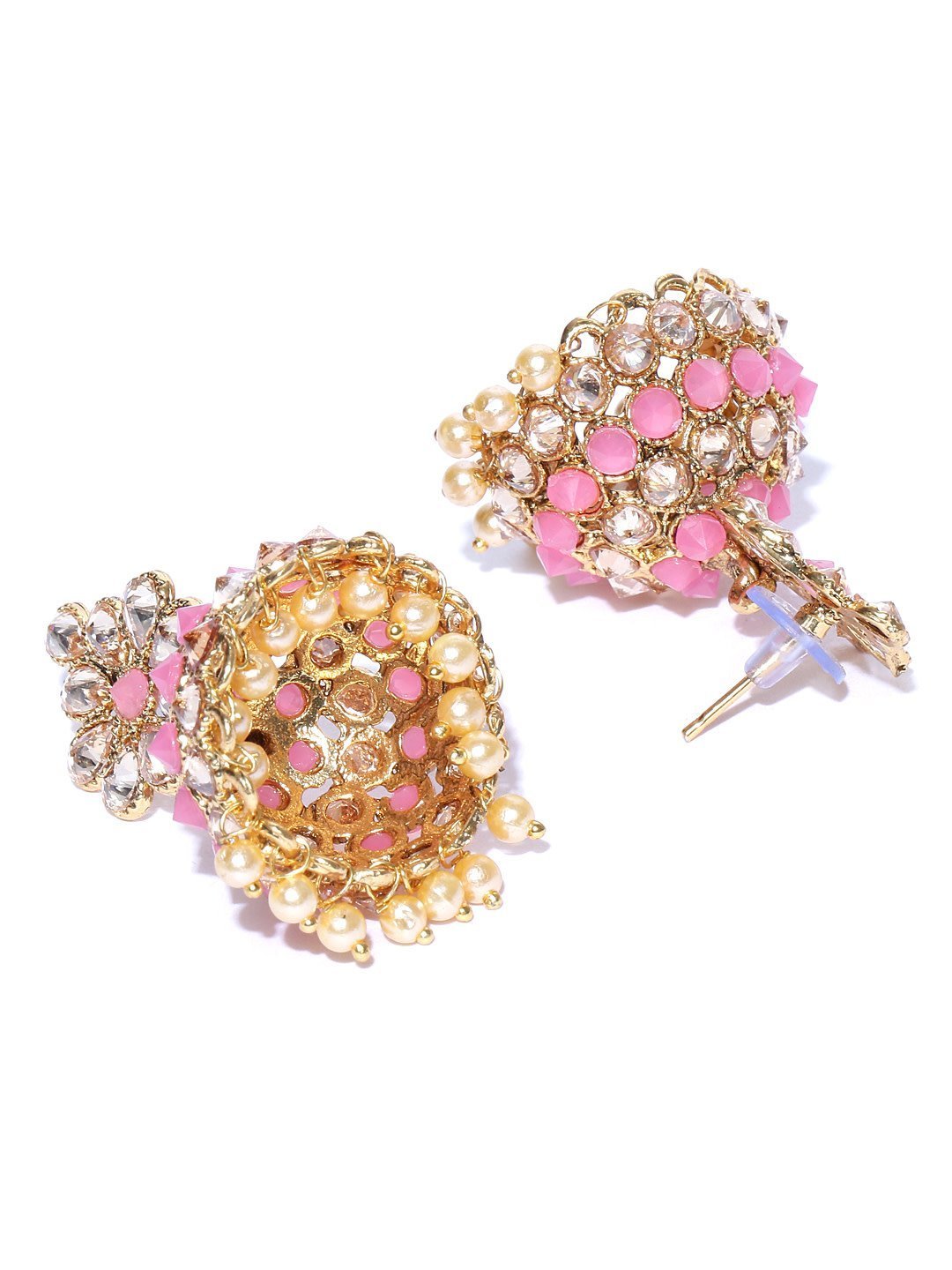 Women's Pink Gold-Plated Stones Studded Floral Patterned Jhumka Earrings in Pink and White Color - Priyaasi