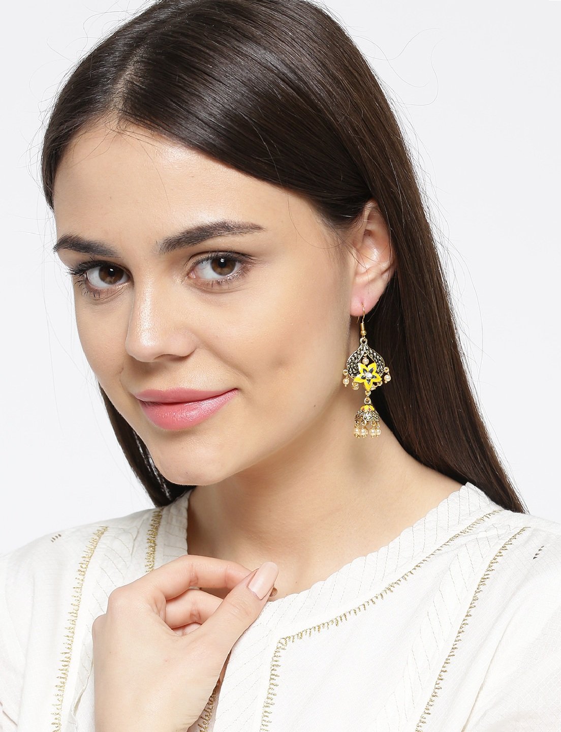 Women's Multicolour Brass Floral Drop Earrings With Pearl For Girl And Women - Priyaasi