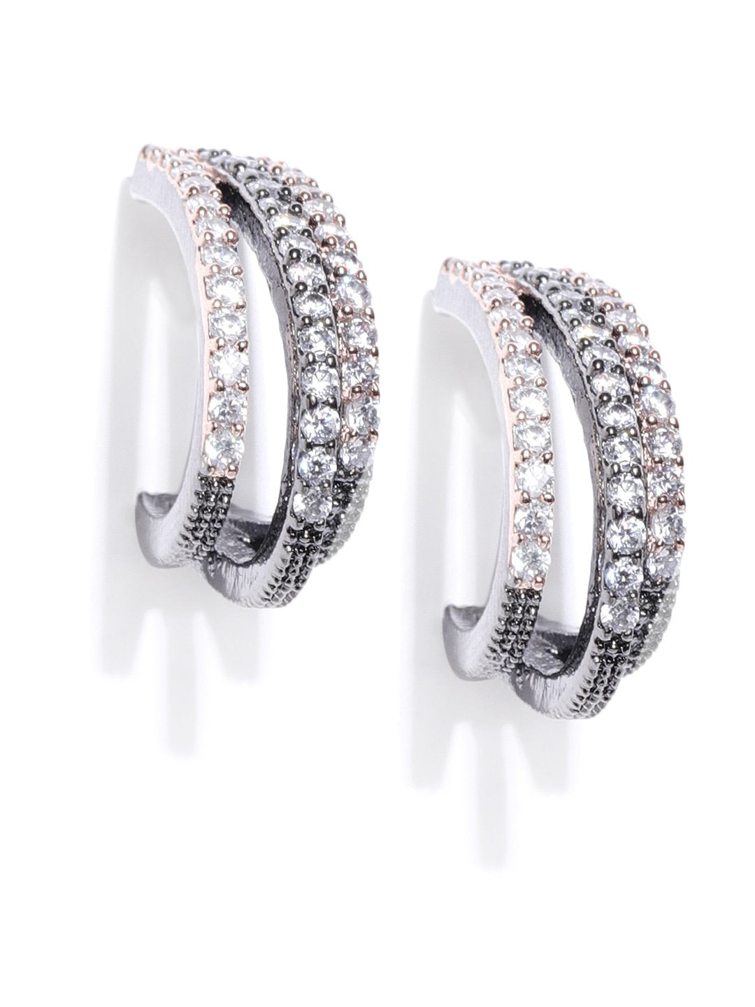 Women's Gunmetal Plated American Diamond Studded Triple Layered Shape Drop Earrings - Priyaasi