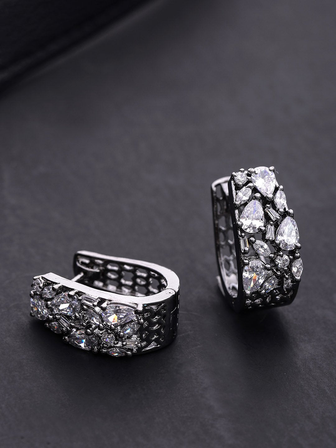 Women's Oxidised Silver Plated American Diamond Studded Beautiful Stud Earrings - Priyaasi