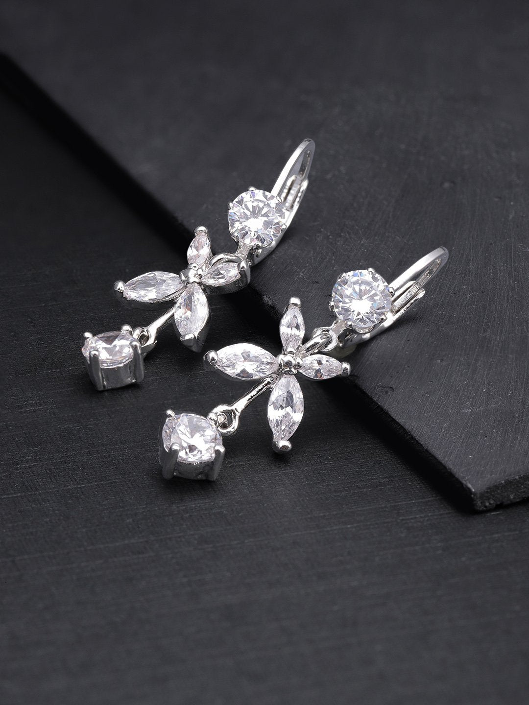 Women's Silver Plated American Diamond Studded Floral Pattern Drop Earrings For Women - Priyaasi