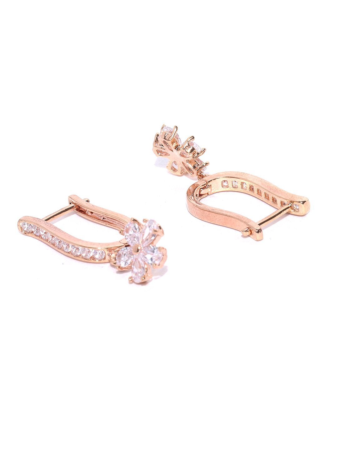 Women's Rose Gold Plated American Diamond Studded Floral Drop Earrings - Priyaasi