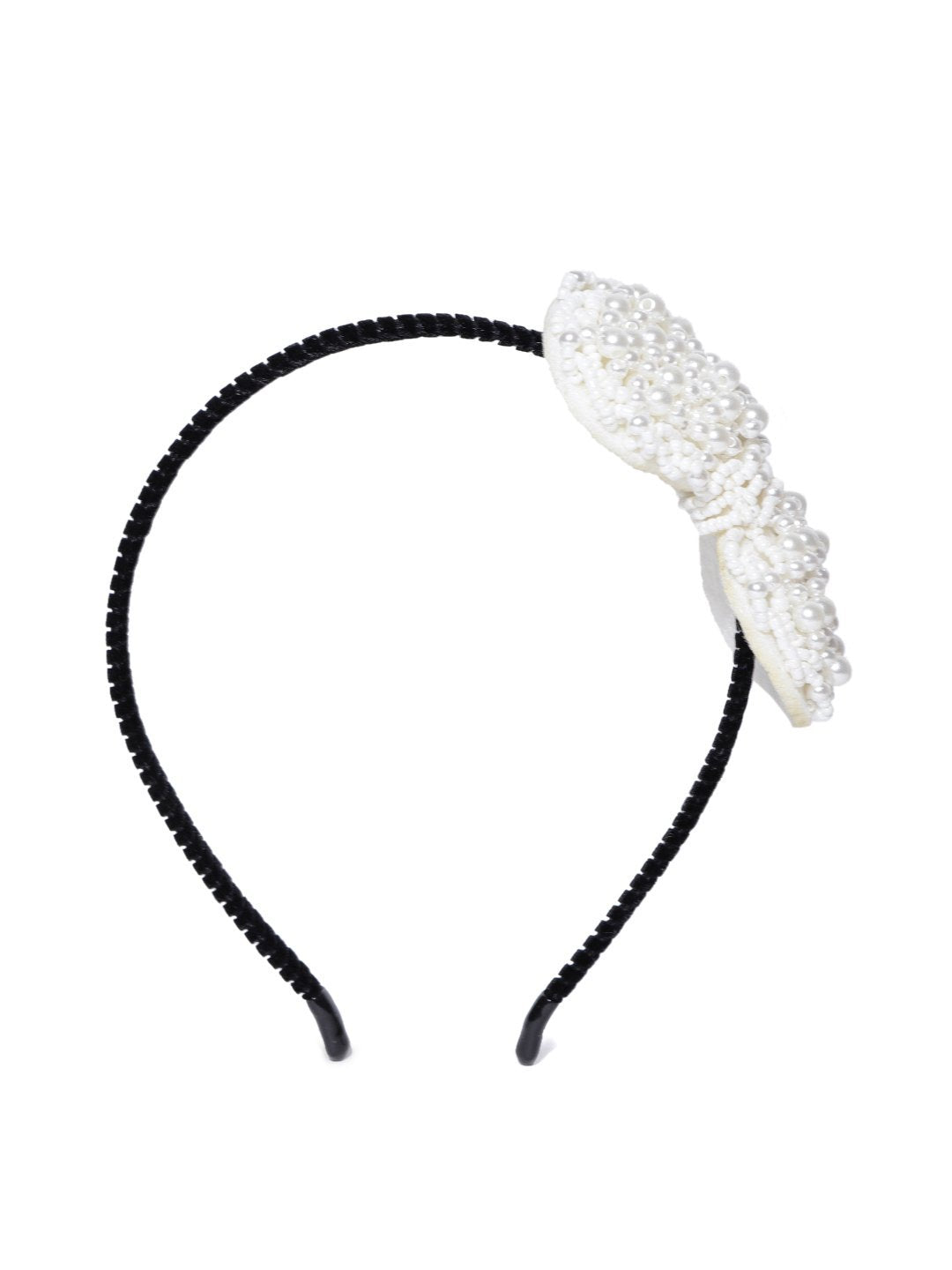 Women's Designer Pearls And Beaded Black-Cream Colour Bow Shaped Hairband - Priyaasi