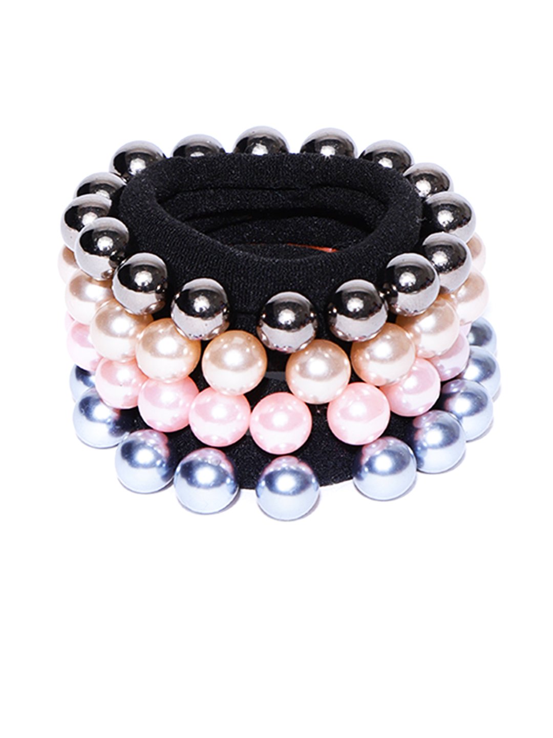 Women's Set Of 4 Black Rubber Band Decorated With Glossy Finish Multicolor Pearls - Priyaasi