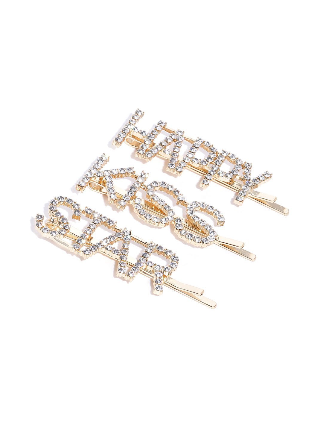Women's Set Of 3 Gold-Plated American Diamond Studded Letter Party Barrette Hair Clip - Priyaasi