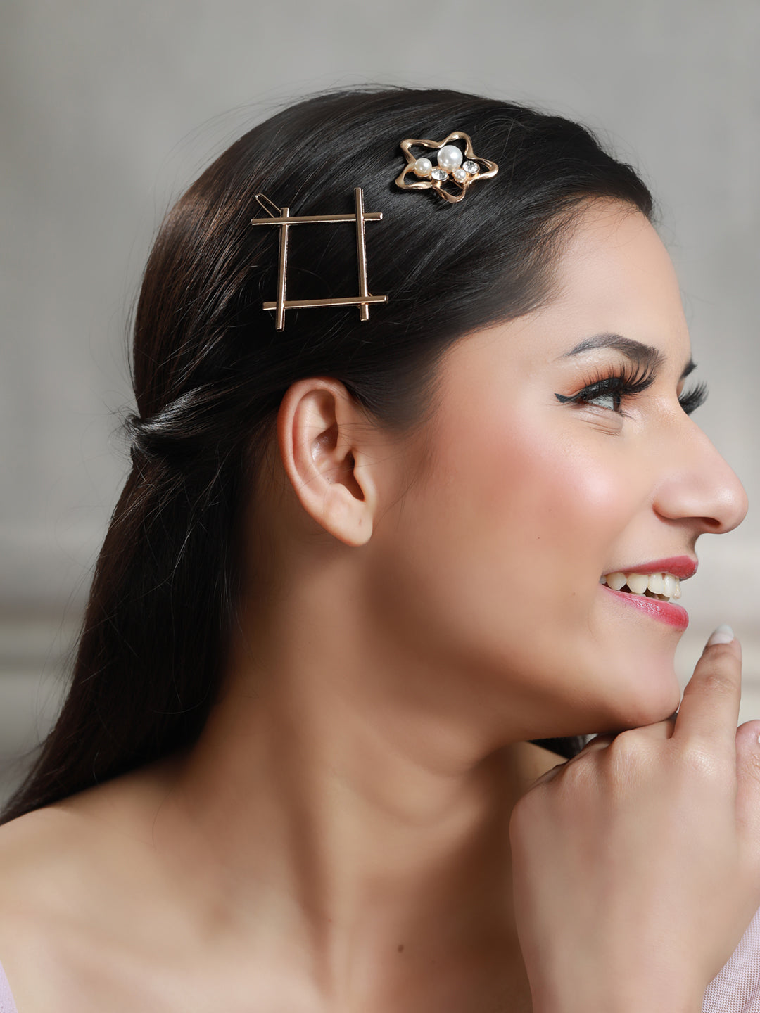 Women's Rose Gold Pearl & American Diamond Floral Hair Pin Set - Priyaasi