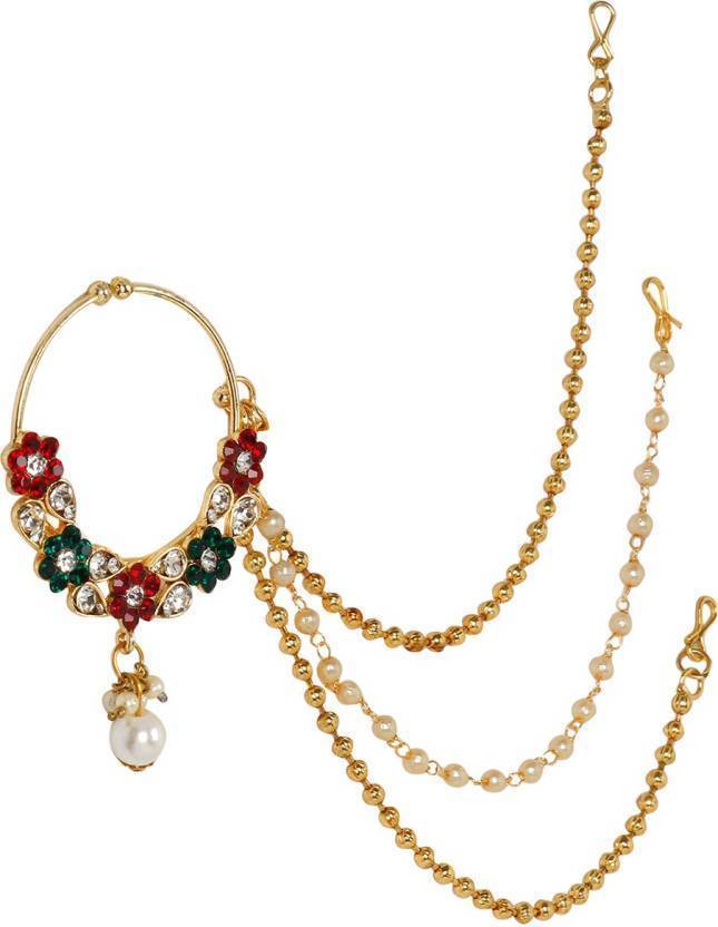 Women's Gold Plated Stone Studded Triple Chain Multicolor Floral Nath/Nose Ring - Priyaasi