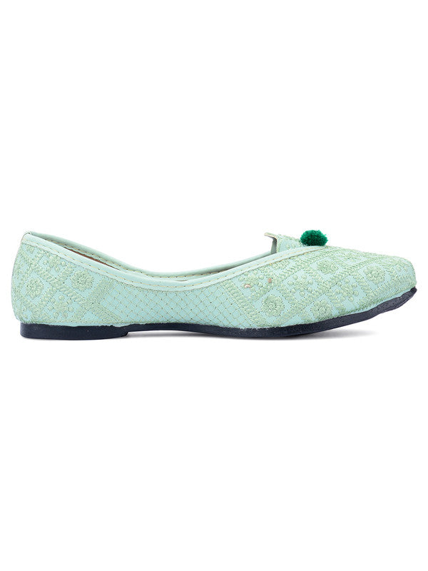 Women's Sea Green Embroidered Indian Handcrafted Ethnic Comfort Footwear - Desi Colour