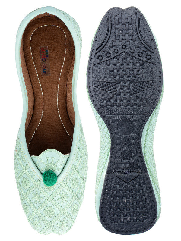 Women's Sea Green Embroidered Indian Handcrafted Ethnic Comfort Footwear - Desi Colour