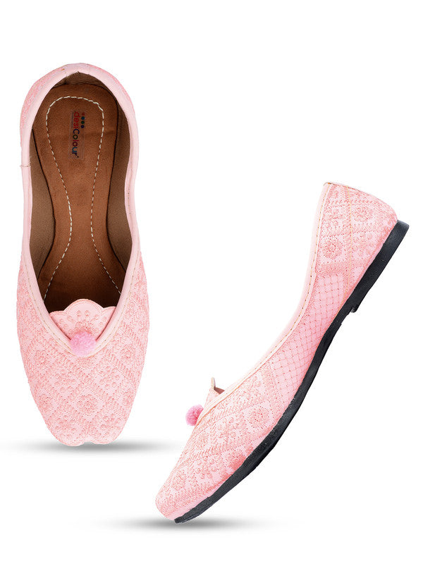 Women's Pink Embroidered Indian Handcrafted Ethnic Comfort Footwear - Desi Colour
