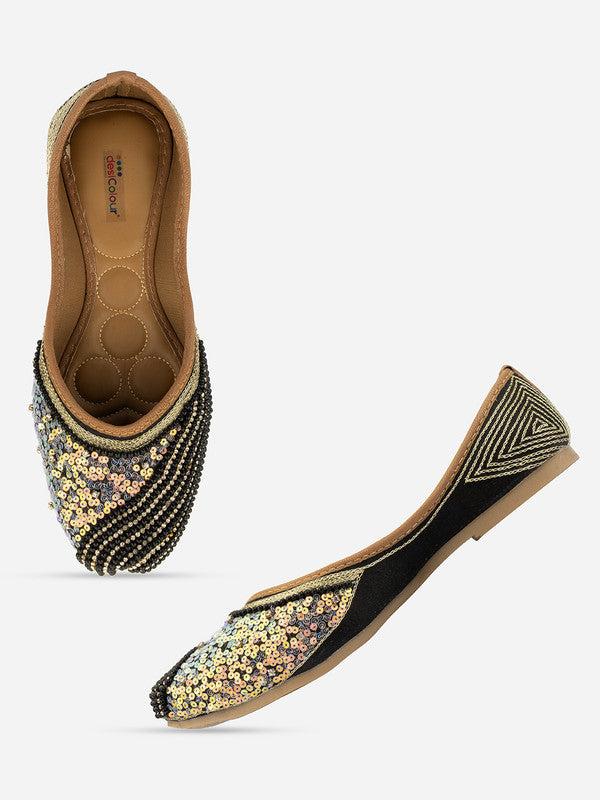 Women's Black Hand Embroidered Indian Handcrafted Ethnic Comfort Footwear - Desi Colour