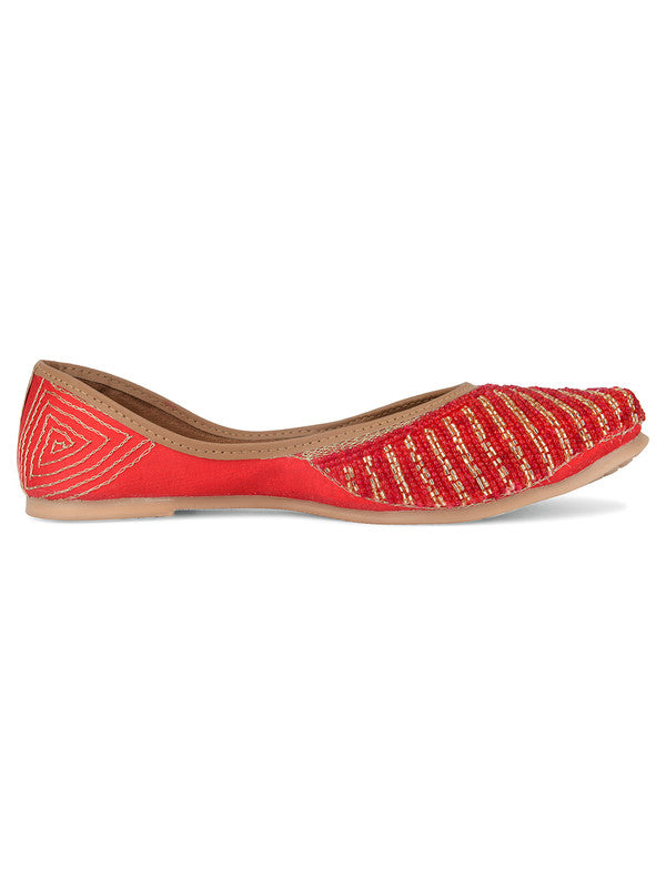 Women's Red Hand Embroidered Indian Handcrafted Ethnic Comfort Footwear - Desi Colour