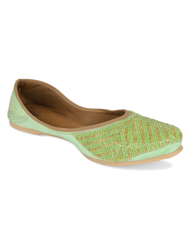 Women's Green Hand Embroidered Indian Handcrafted Ethnic Comfort Footwear - Desi Colour