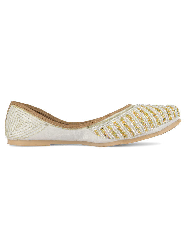 Women's Off White Hand Embroidered Indian Handcrafted Ethnic Comfort Footwear - Desi Colour