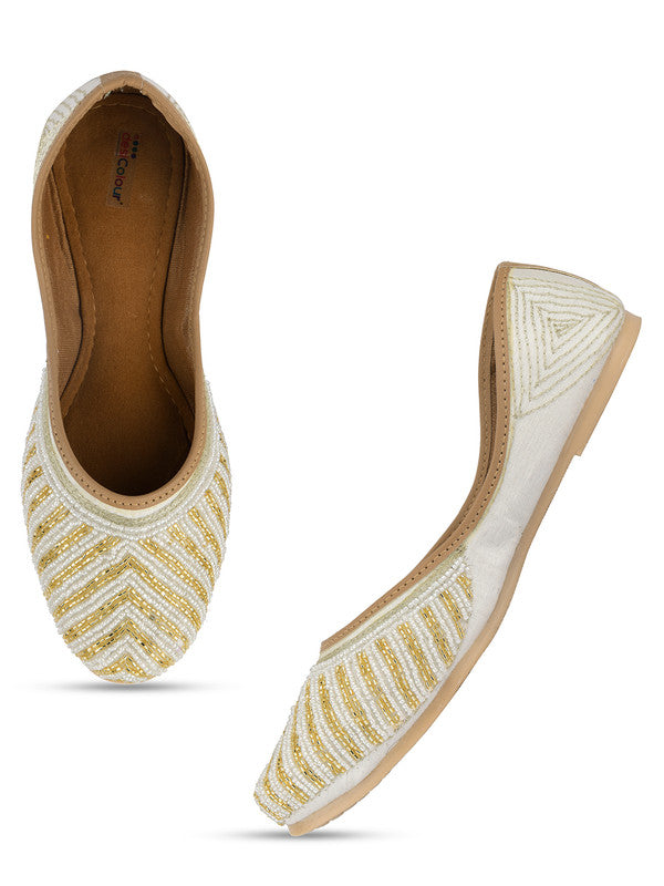 Women's Off White Hand Embroidered Indian Handcrafted Ethnic Comfort Footwear - Desi Colour