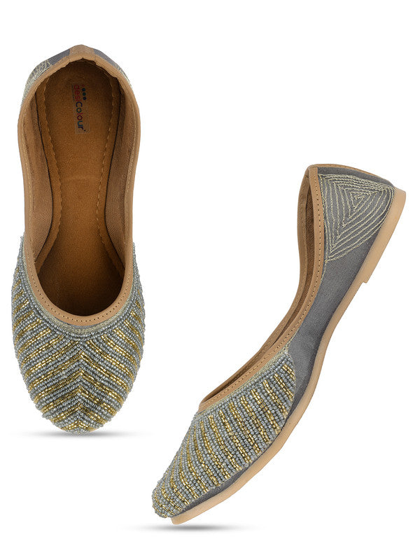 Women's Grey Hand Embroidered Indian Handcrafted Ethnic Comfort Footwear - Desi Colour