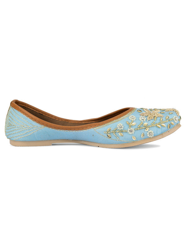 Women's Sky Blue Hand Embroidered Indian Handcrafted Ethnic Comfort Footwear - Desi Colour