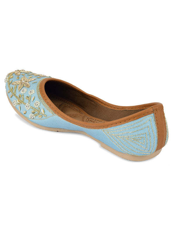 Women's Sky Blue Hand Embroidered Indian Handcrafted Ethnic Comfort Footwear - Desi Colour