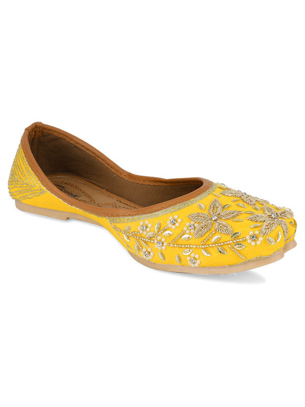 Women's Yellow Hand Embroidered Indian Handcrafted Ethnic Comfort Footwear - Desi Colour