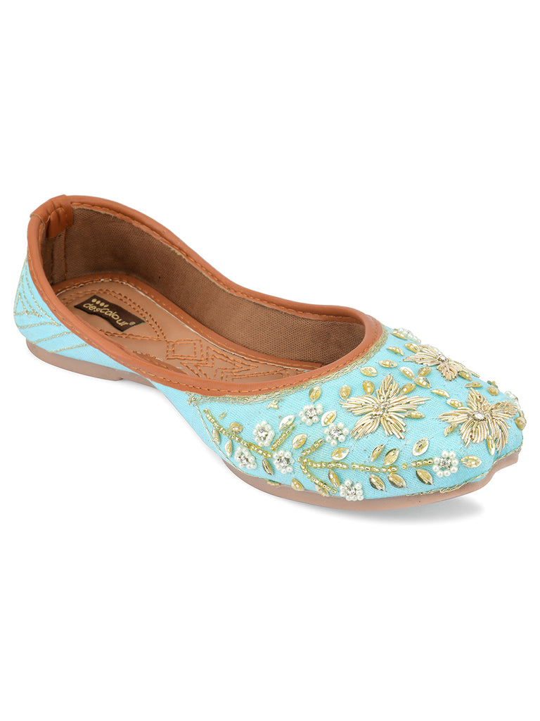 Women's Green Dabka Floral Hand Embroidered  Indian Ethnic Comfort Footwear