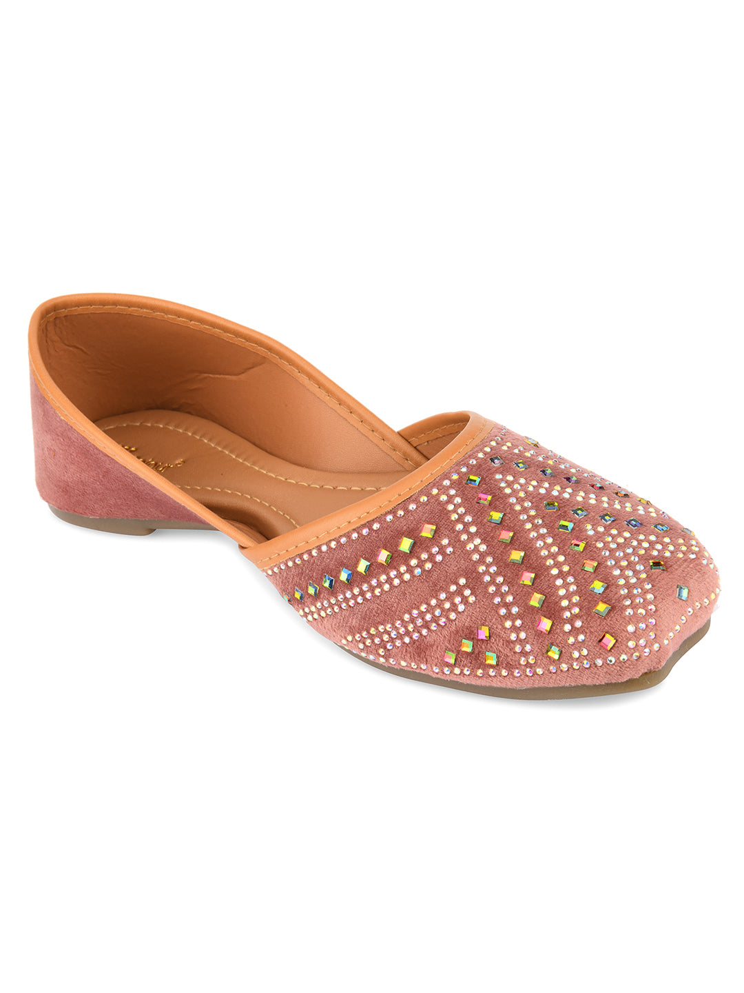Women's Peach Handcrafted Stone Work  Indian Ethnic Comfort Footwear - Desi Colour
