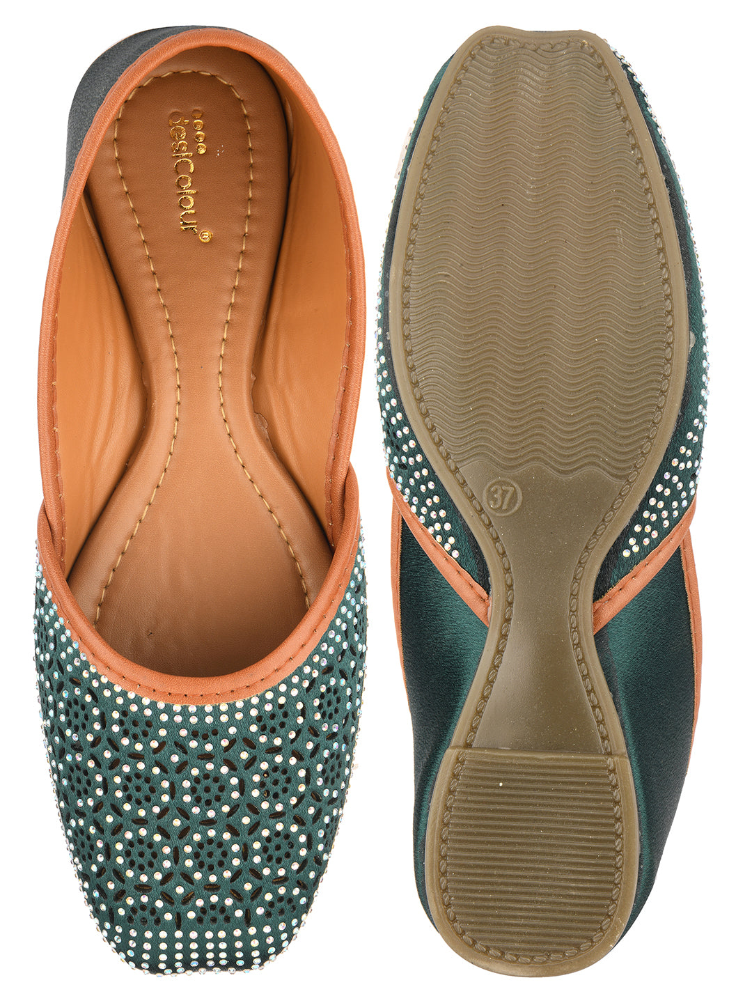 Women's Teal Handcrafted Stone Work  Indian Ethnic Comfort Footwear - Desi Colour
