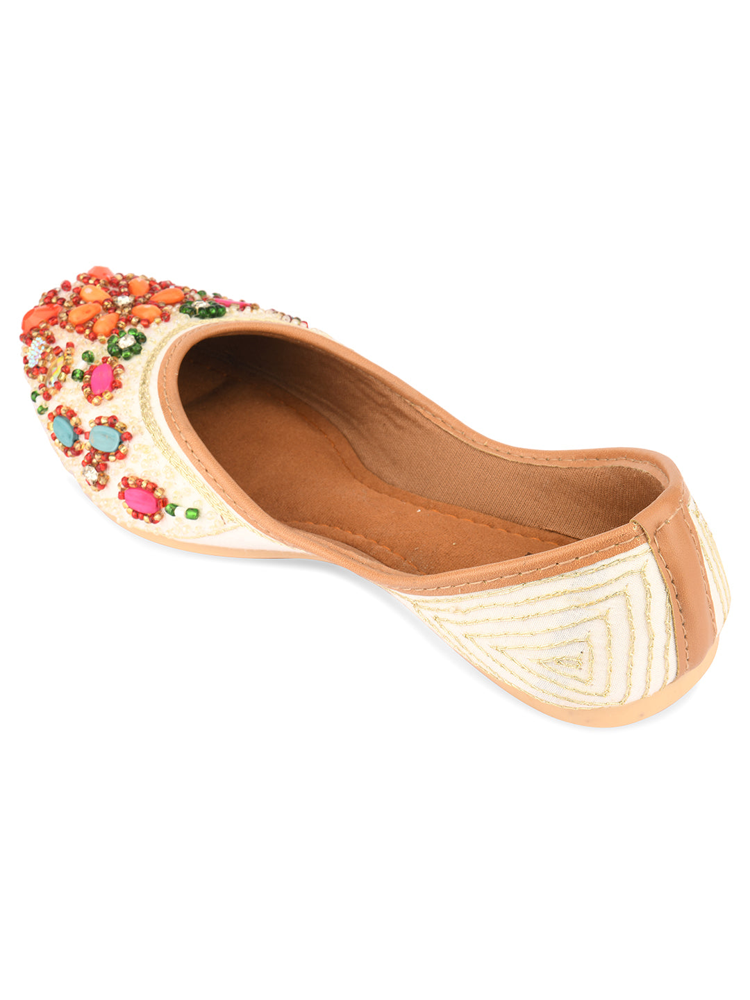 Women's White & Orange Stone Work  Indian Ethnic Comfort Footwear - Desi Colour